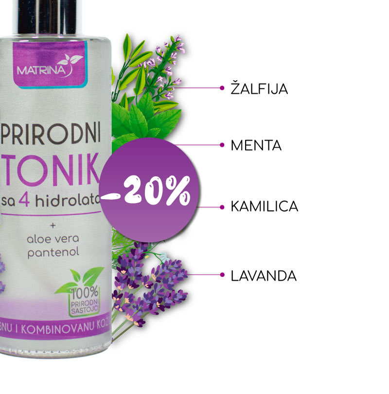 <b>PRIRODNI TONIK</b><br>Za negu masne i kombinovane kože sa 4 hidrolata