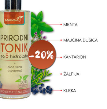 <b>PRIRODNI TONIK</b><br>Za negu problematične kože sklone bubuljicama i aknama sa 5 hidrolata