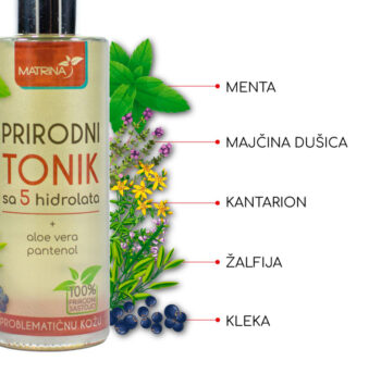 <b>PRIRODNI TONIK</b><br>Za negu problematične kože sklone bubuljicama i aknama sa 5 hidrolata
